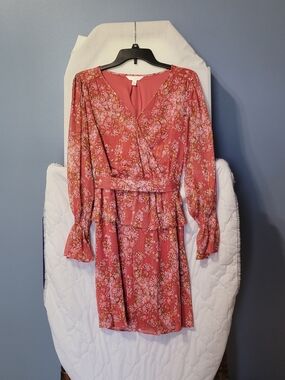 LC Lauren Conrad Rose-Pink Floral Wrap Long-Sleeve Dress